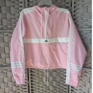 Adidas Light Pink White Stripe Cropped Half Zip Windbreaker Jacket Womens Sz L